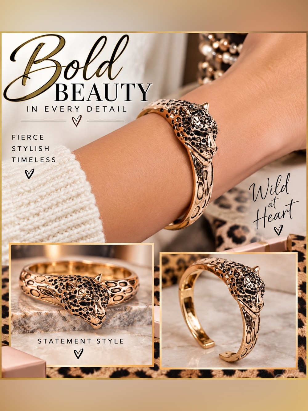 Gold Leopard Head Cuff Bracelet - Bold Beauty
